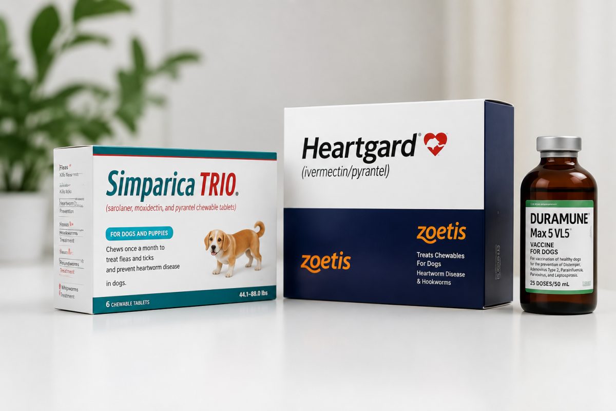 Veterinary product packaging on a counter