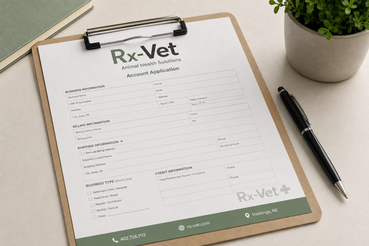Rx-Vet account application form on a clipboard
