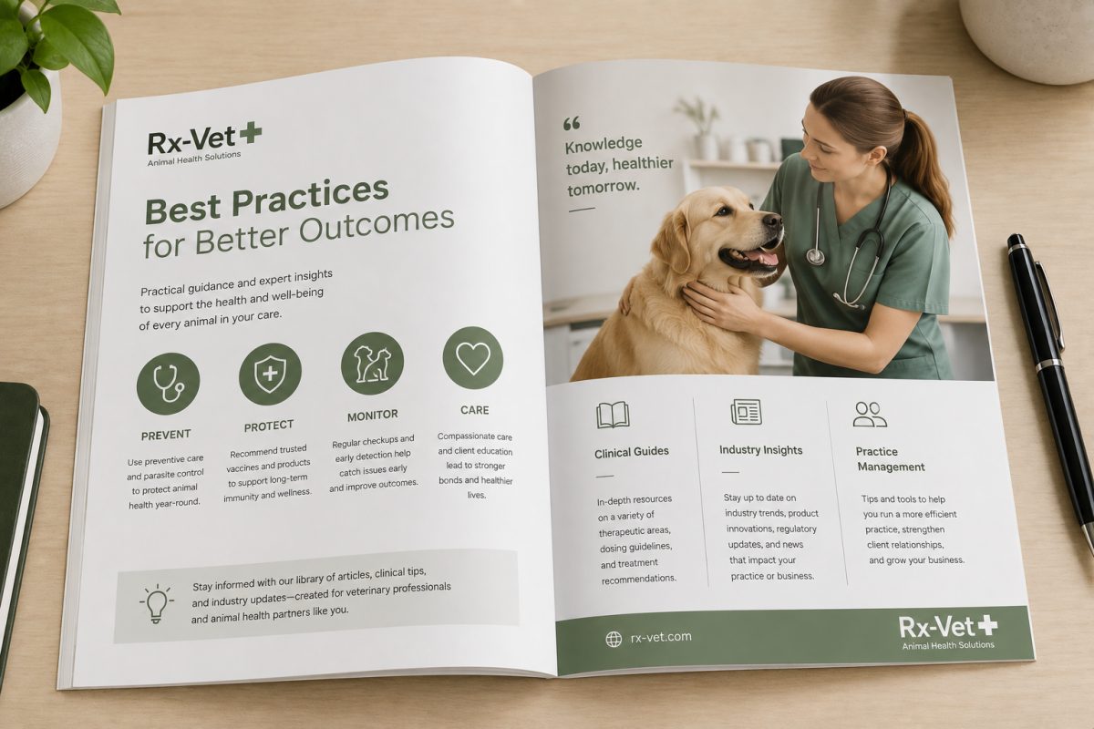 A biosecurity best practices guide beside a veterinarian and dog